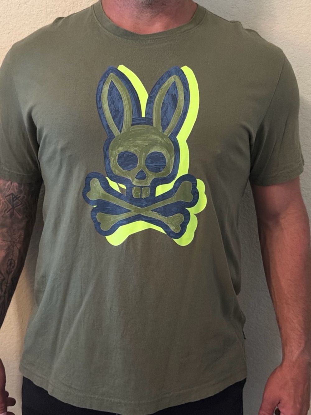 Psycho Bunny Olive Short Sleeve Tee with Neon Yellow Accent